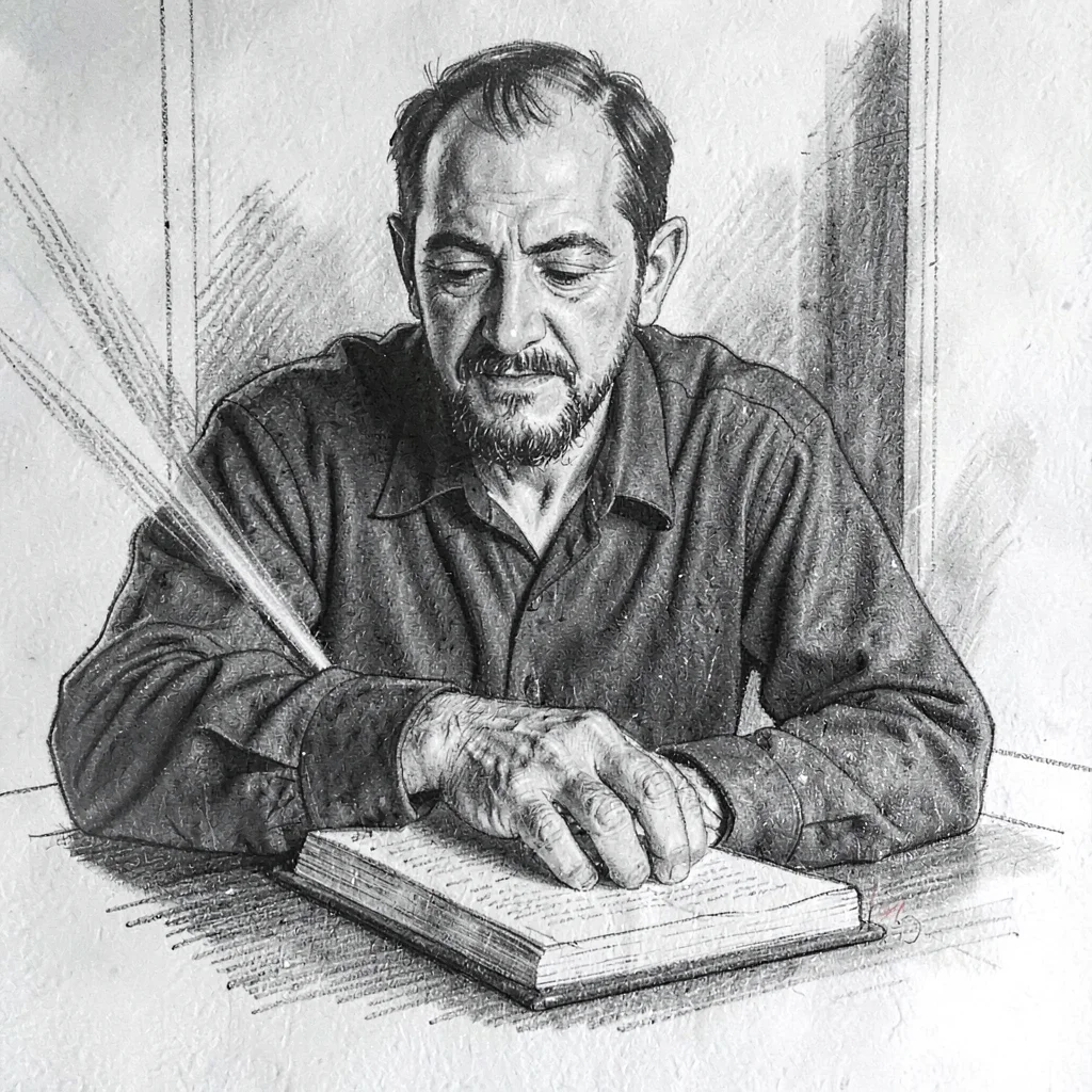 Loose charcoal sketch of a narrator turning a page mid-take, motion smudge on th