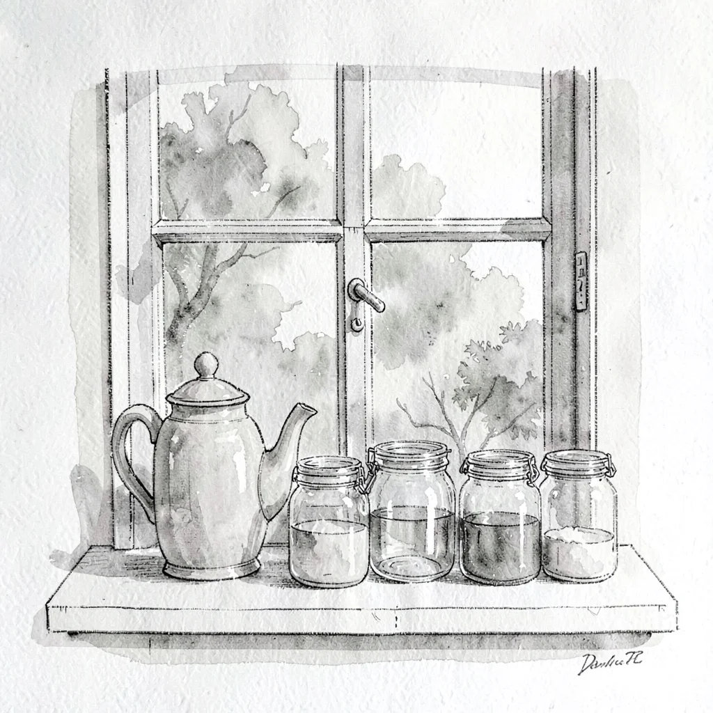 Ink illustration of a kitchen window with a teapot and a row of jars (no readabl
