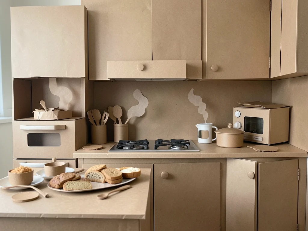 Kitchen scene made entirely of paper — paper food, paper appliances, paper steam
