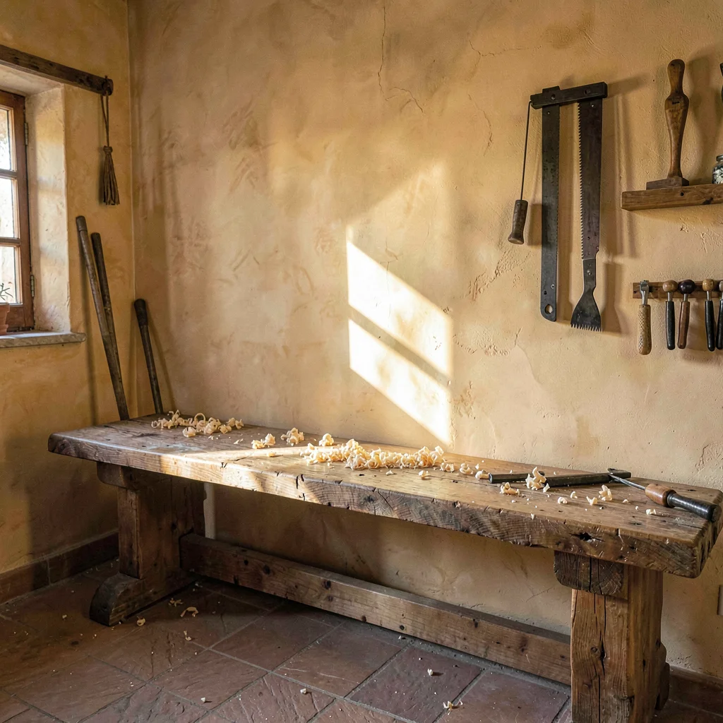 inside a Sicilian carpenter's workshop at midmorning, ochre stucco walls and a w