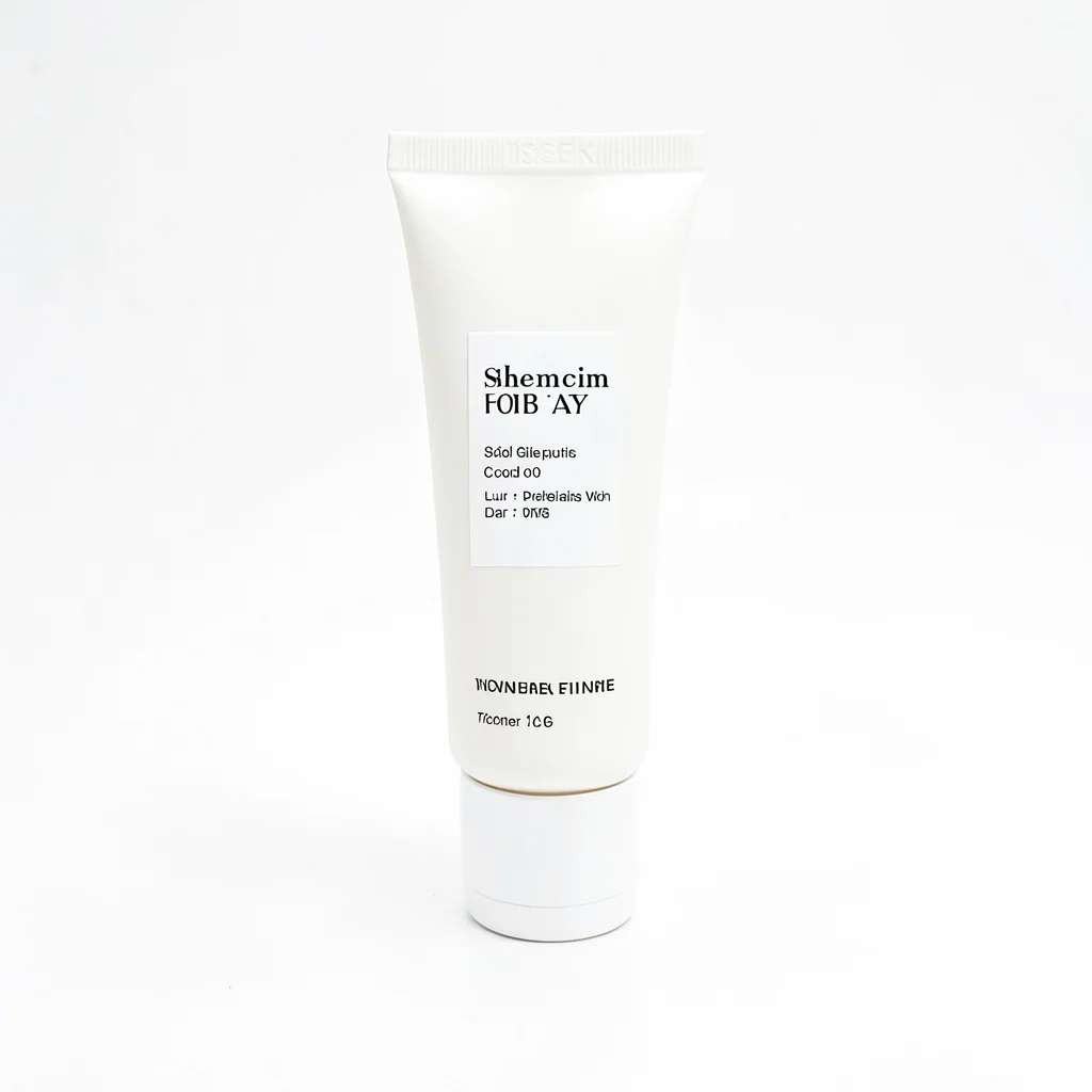 Minimal studio shot of a single tube standing alone on white seamless, deep nega