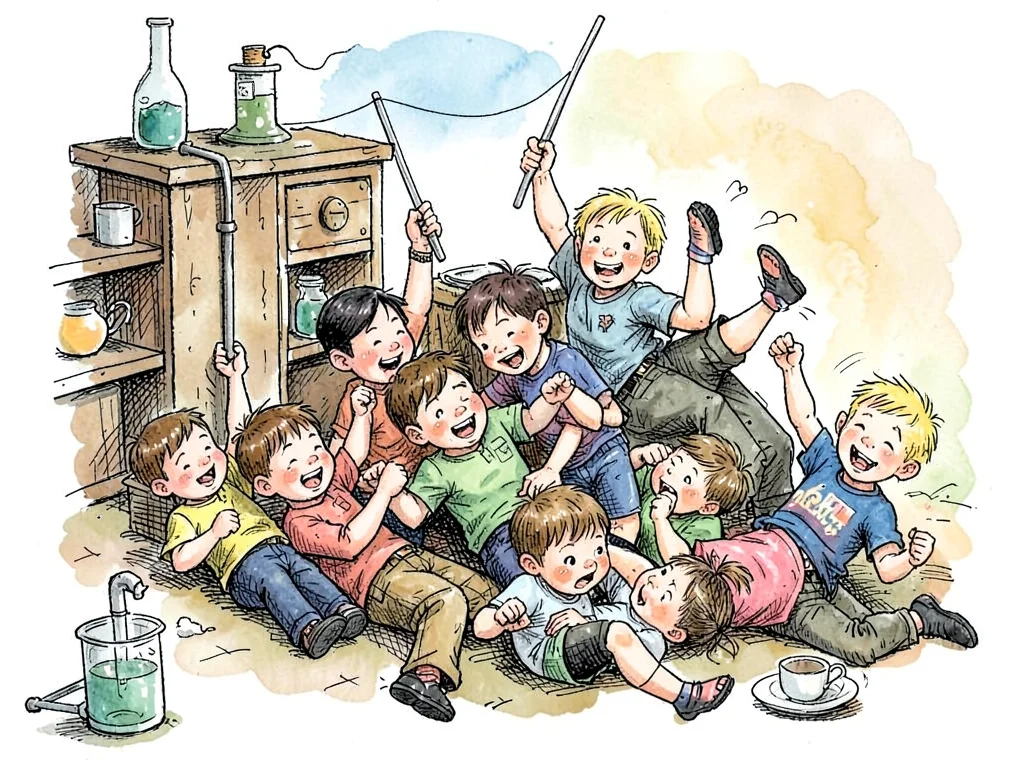 Children tumbling after experiment
