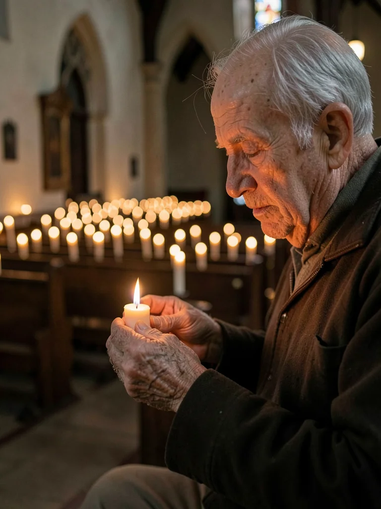 An elderly man lighting a votive candle in an empty church, his weathered hands 