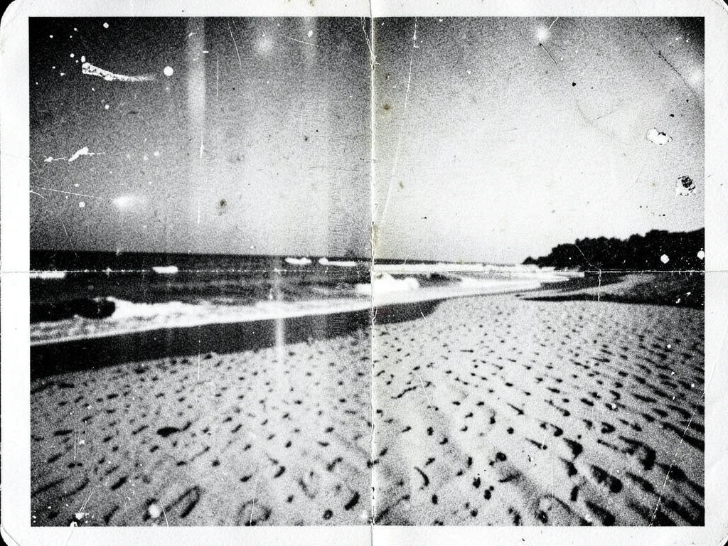 Xerox of beach photograph, sun-faded and distorted, summer memory decay