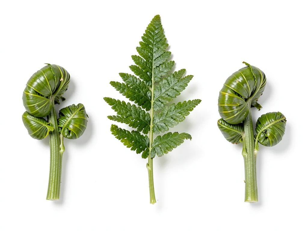A fiddlehead fern at three stages of unfurling arranged left to right