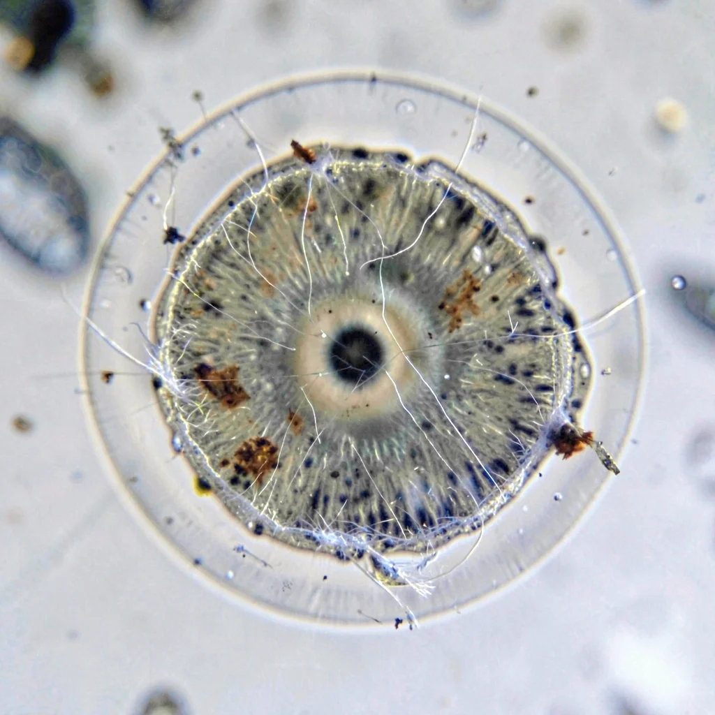 Mineral close-up of a tympan with packing showing through, fiber halo around old