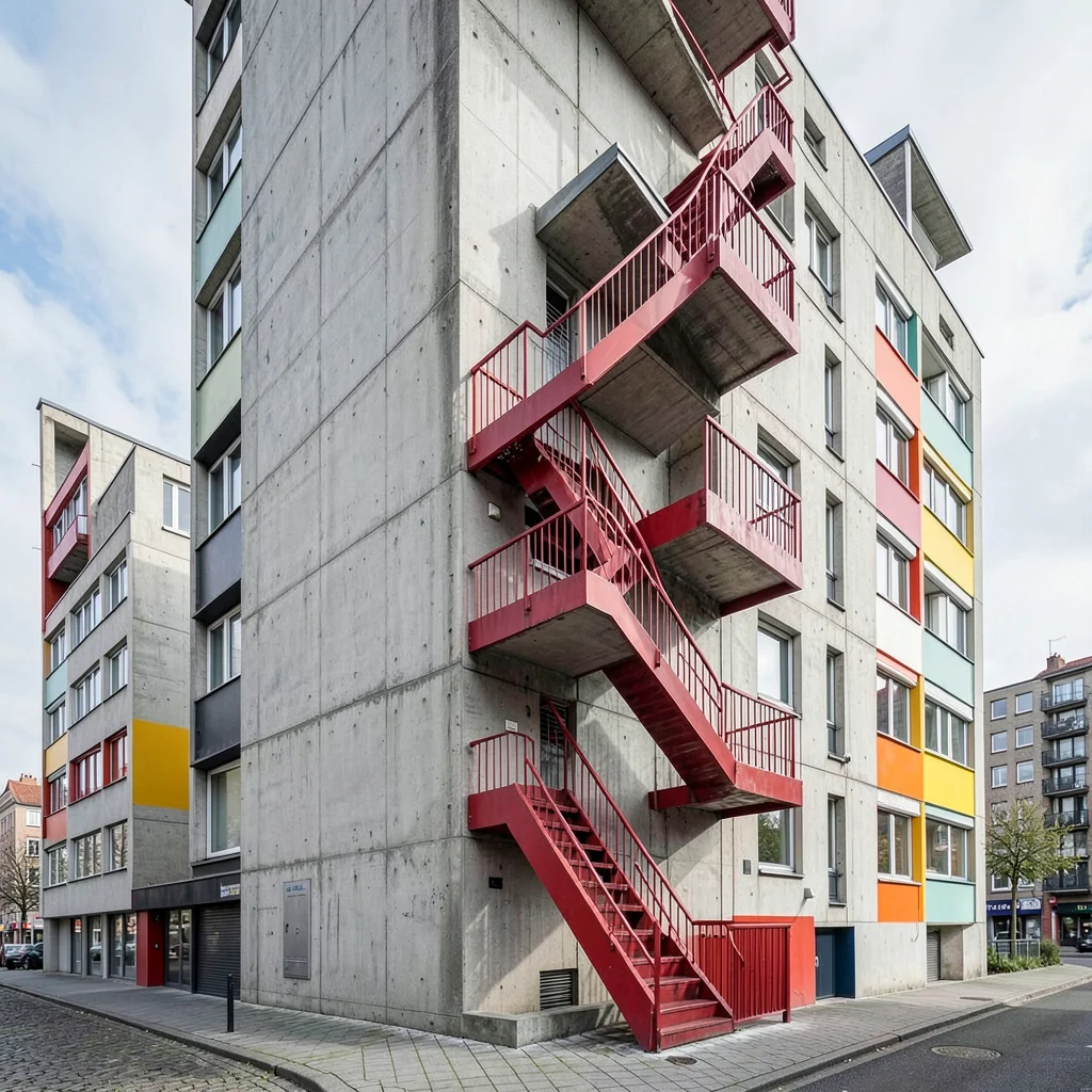 Post-war reconstruction modernism, Rotterdam radical geometry, A red fire escape