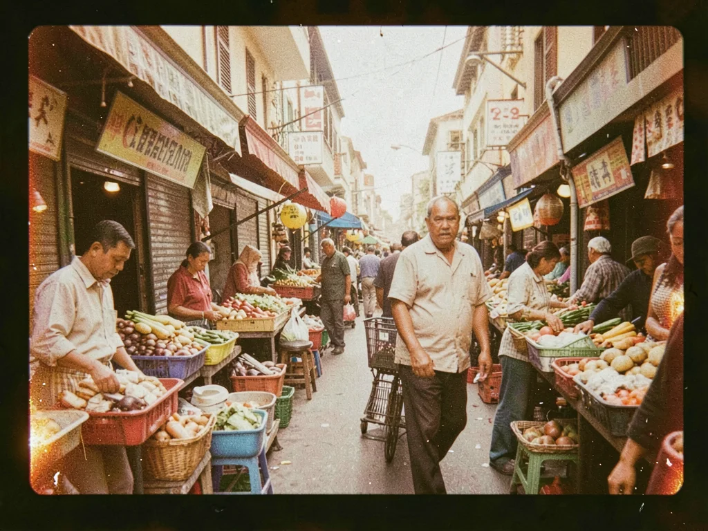 Market scene with desaturated warmth