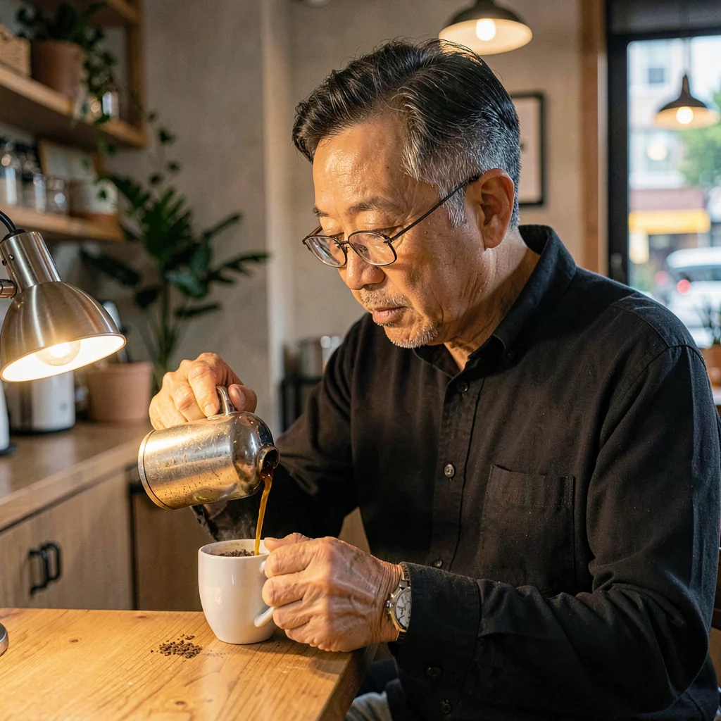 A focused Korean café owner in his forties pulling an espresso shot, lamp glow o