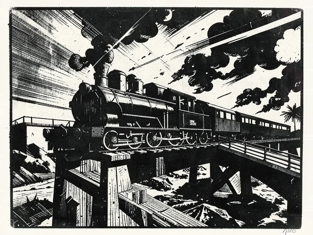 Train crossing a viaduct, locomotive as angular black mass, smoke slashed
