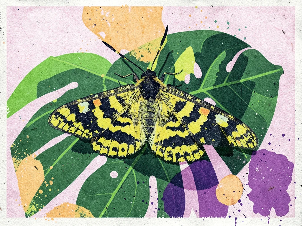 A moth resting on a large tropical leaf, wing patterns as flat color blocks