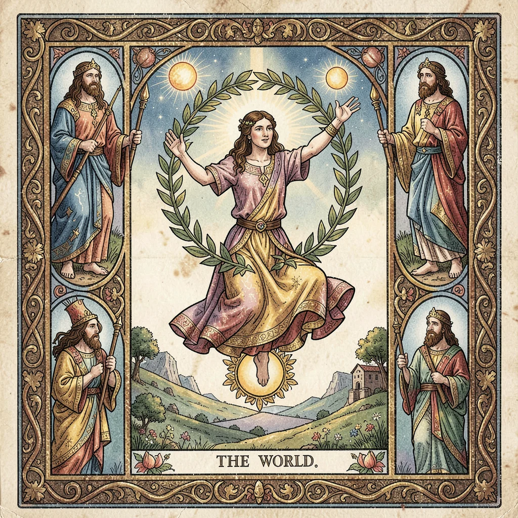 Tarot card illustration, The World dancer in wreath, four evangelists at corners