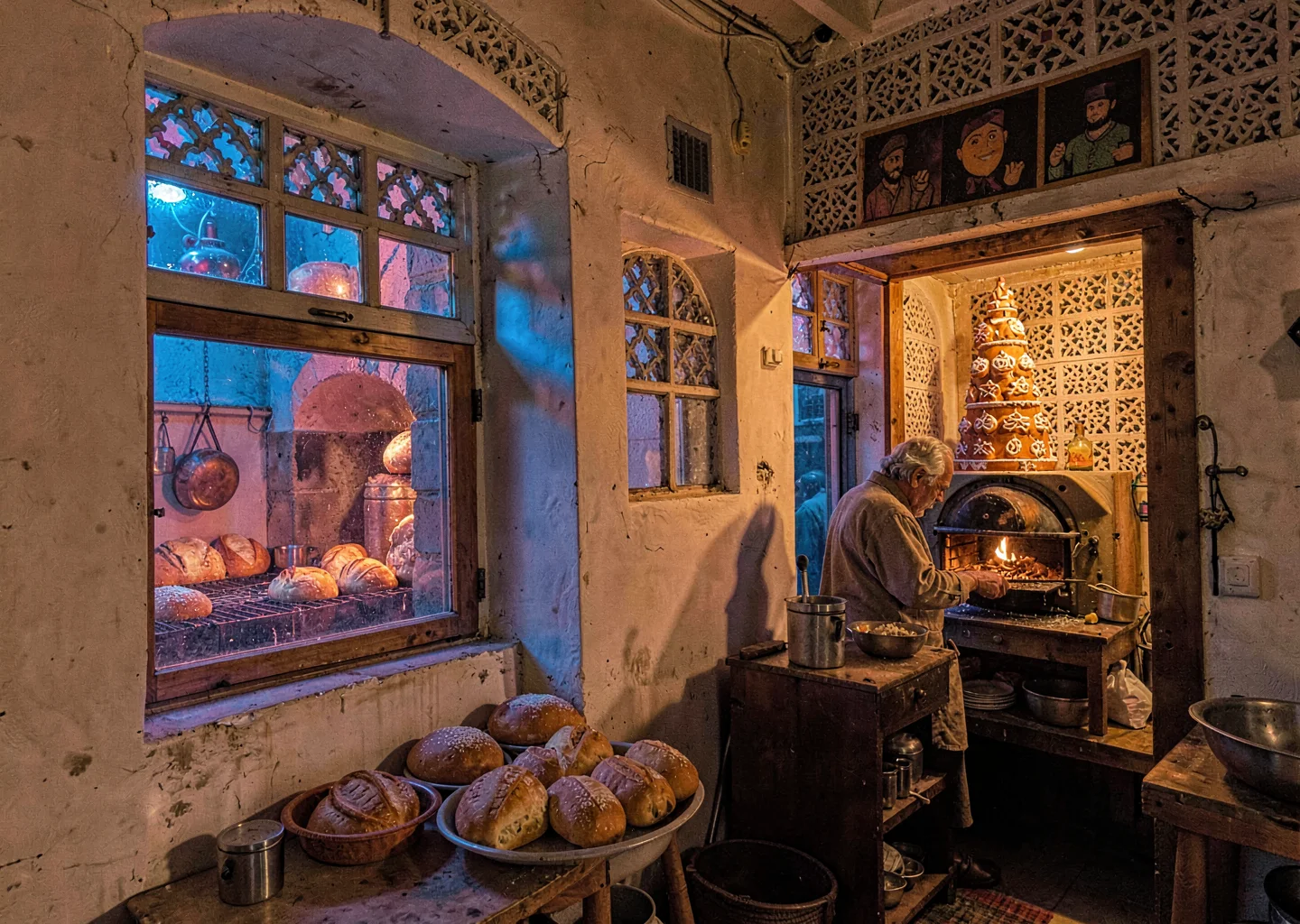 Colored light through qamariya windows in Sana'a, Yemen, baker pulling bread fro