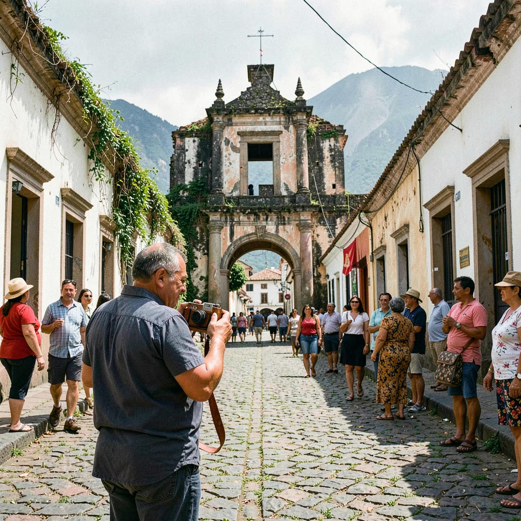 Volcano-framed colonial streets of Antigua Guatemala, A street photographer with
