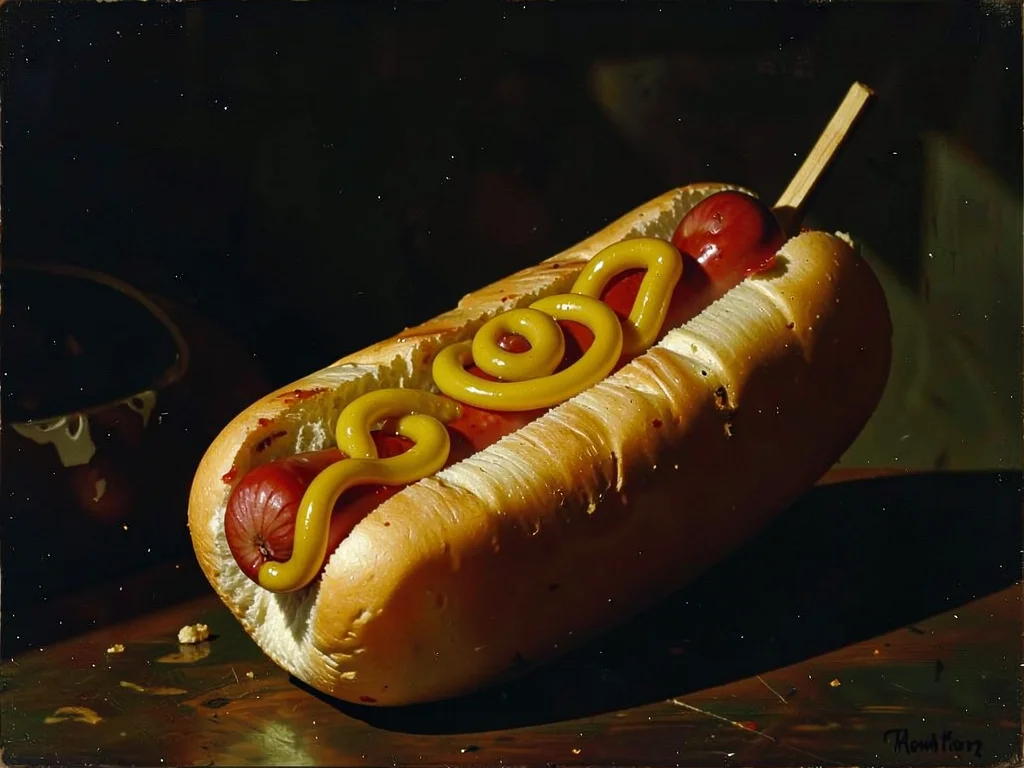 Hot dog with mustard spiral, dramatic single light source revealing every textur