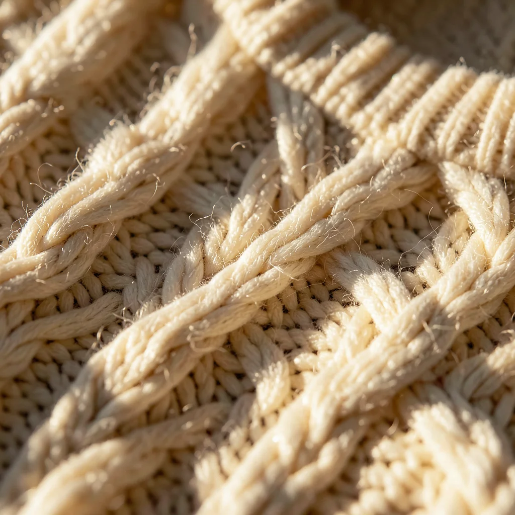Aran cable-knit sweater macro detail, cream wool fibers catching sidelight, the 