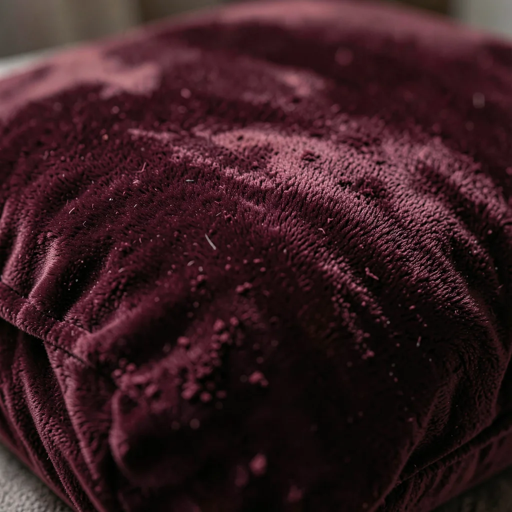 Worn velvet cushion that looks impossibly soft in deep burgundy