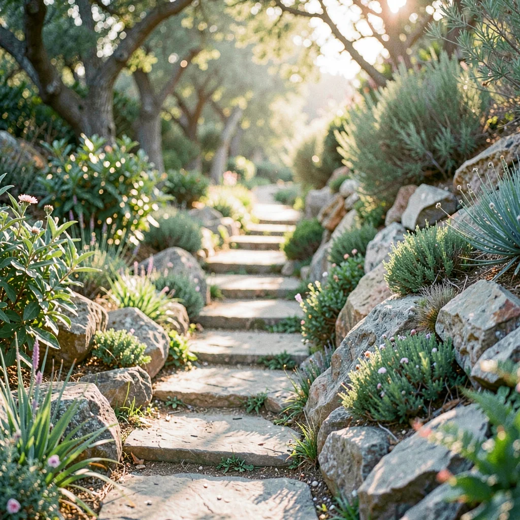 Garden walkway winding through a rocky slope, soft afternoon light spilling betw