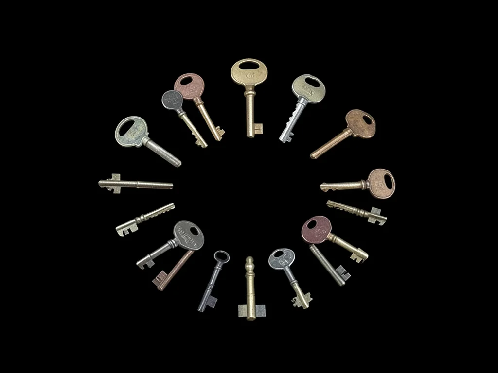 Collection of keys scanned, dozen vintage and modern keys arranged in a loose ci