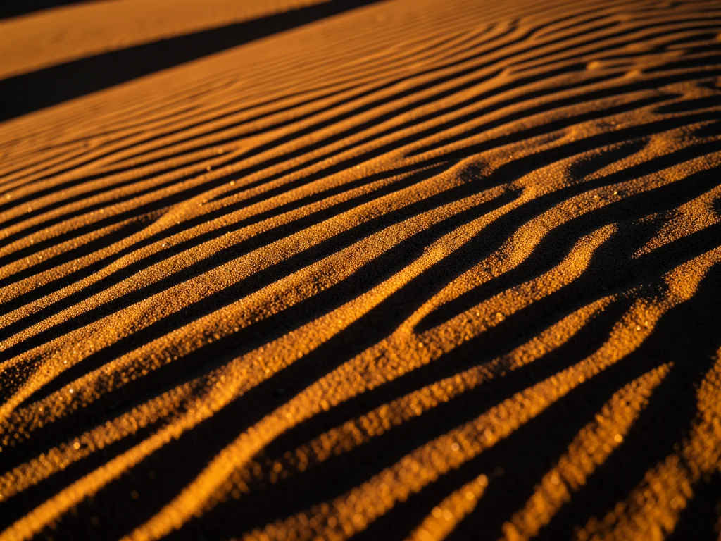Wind ripples on a sand dune face, perfectly parallel ridges with sharp crests ca
