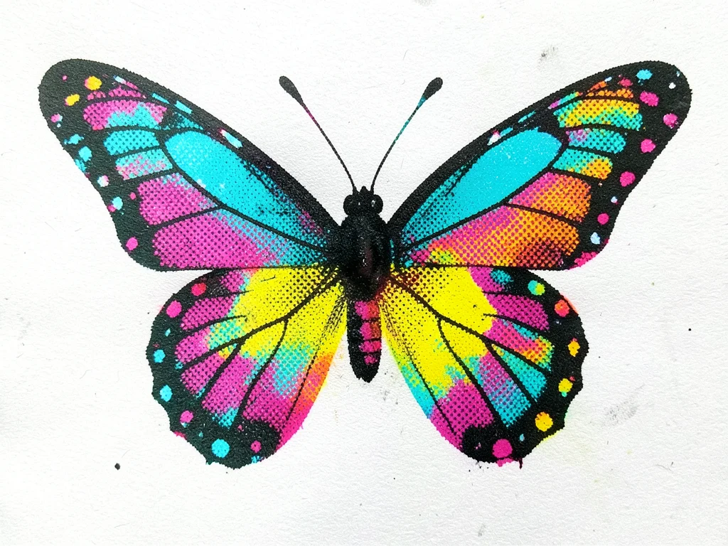 CMYK decomposition of a butterfly, each wing section showing different registrat