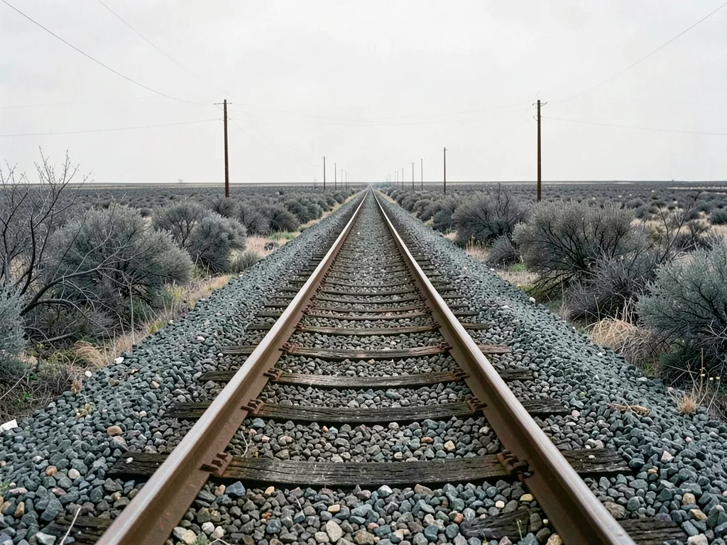 Railroad track crossing a flat plain — no trains, just track, gravel ballast, sc