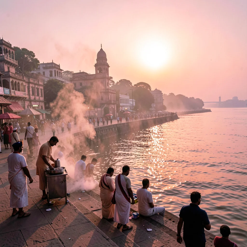 Varanasi ghat dawn, Ganges pink-gold light, street chai vendor near steps, steam