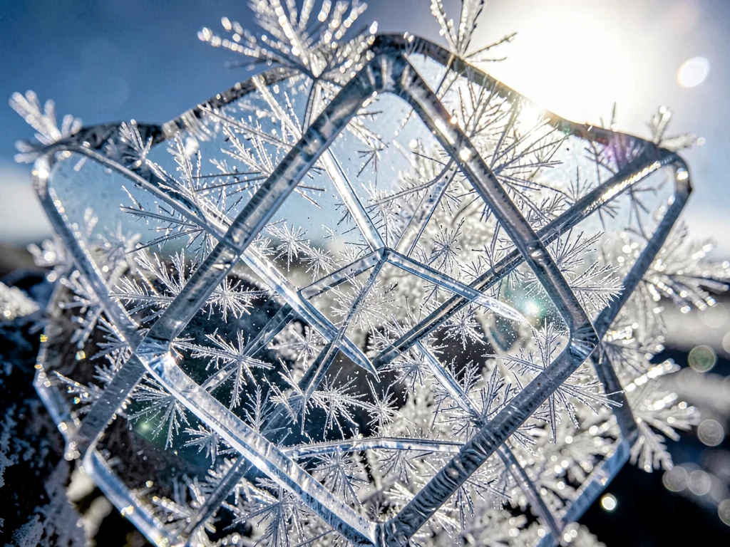Crystal lattice visible in thin ice sheet backlit by sun