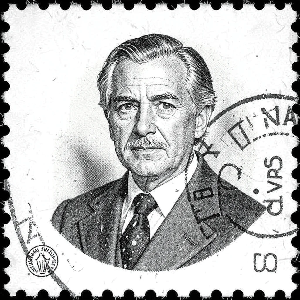 Postage stamp illustration, Famous scientist portrait , tiny perfect composition