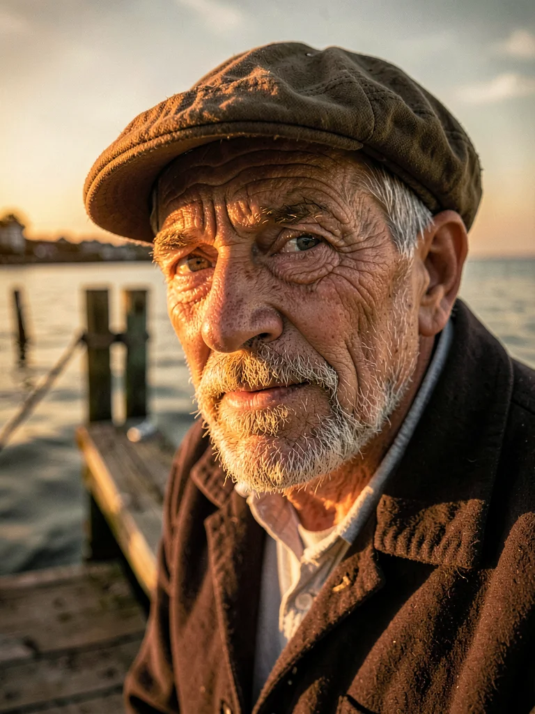 Weathered face of old fisherman on dock, every line and wrinkle mapped by low an