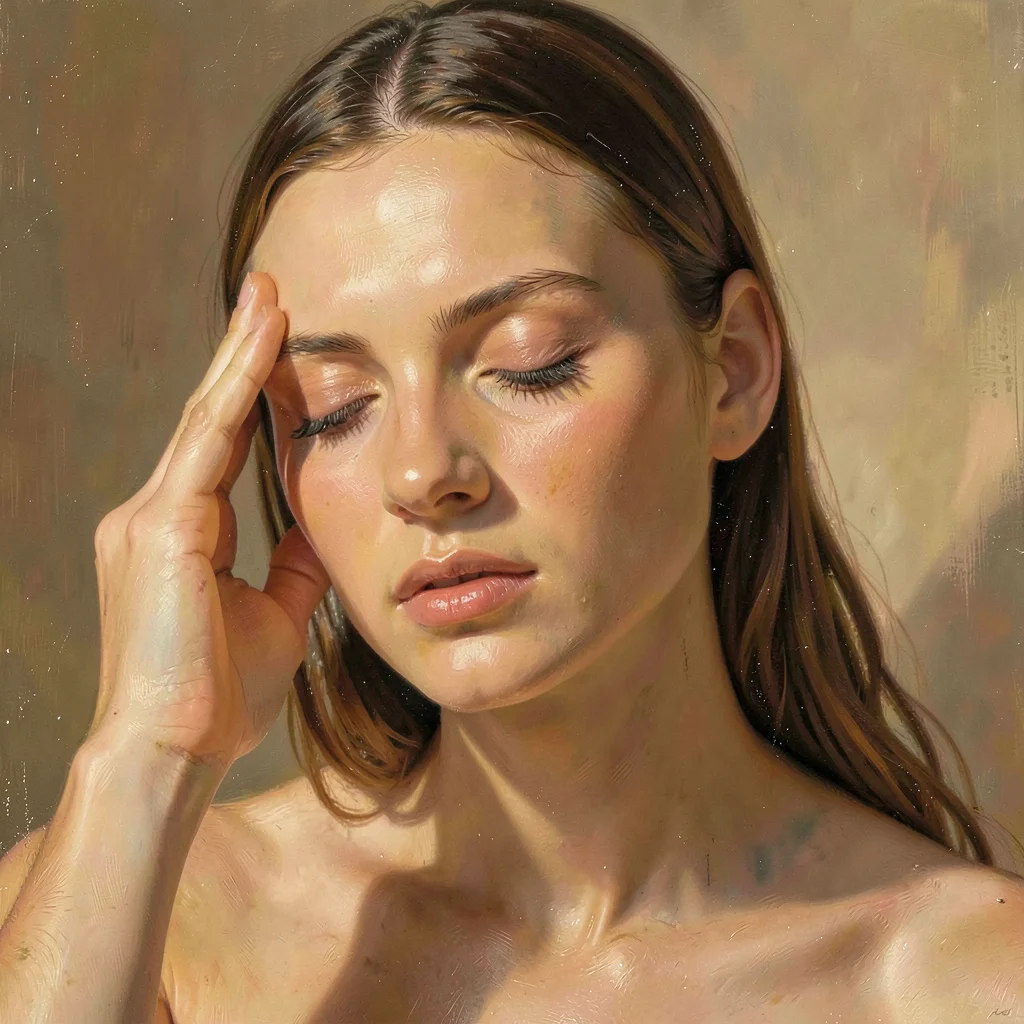 Soft portrait of a model with eyes closed, fingertip pressed to her temple, pain