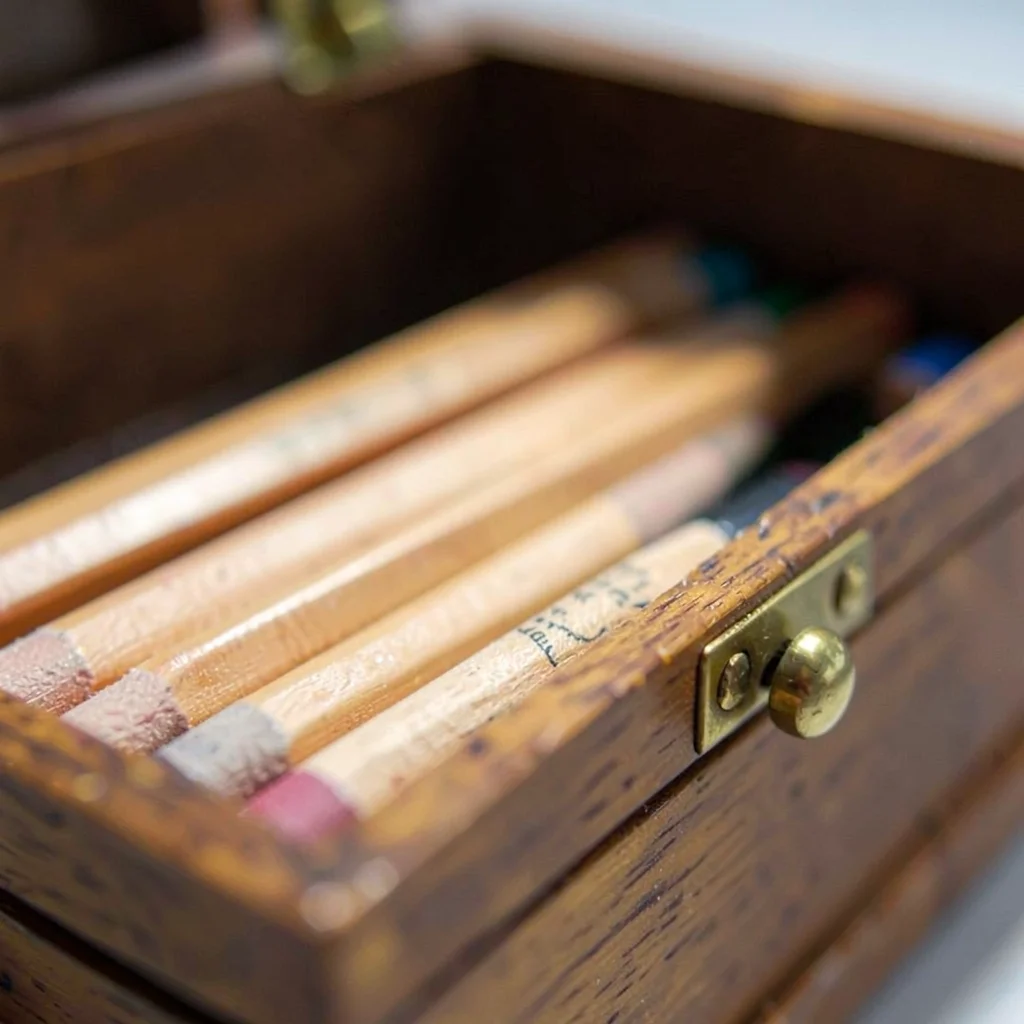 Macro of a stack of pencils in a wooden case, brass clasp catching glint