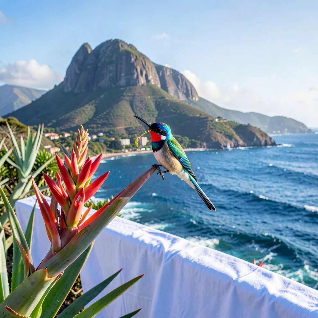 Cape Town mountain-sea duality, Table Mountain backdrop, sunbird drinking from a