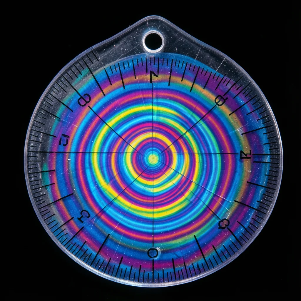 A clear plastic protractor photographed between crossed polarizing filters, the 