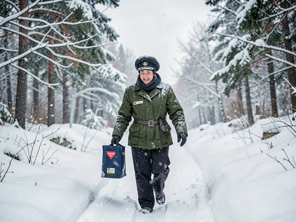 Mail carrier continuing route, flakes on hat, job continuing through weather
