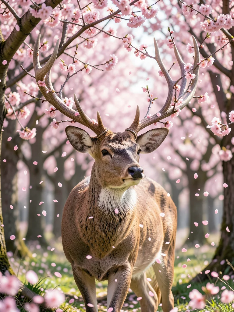 Deer with antlers made of cherry blossom branches, petals falling, spring forest