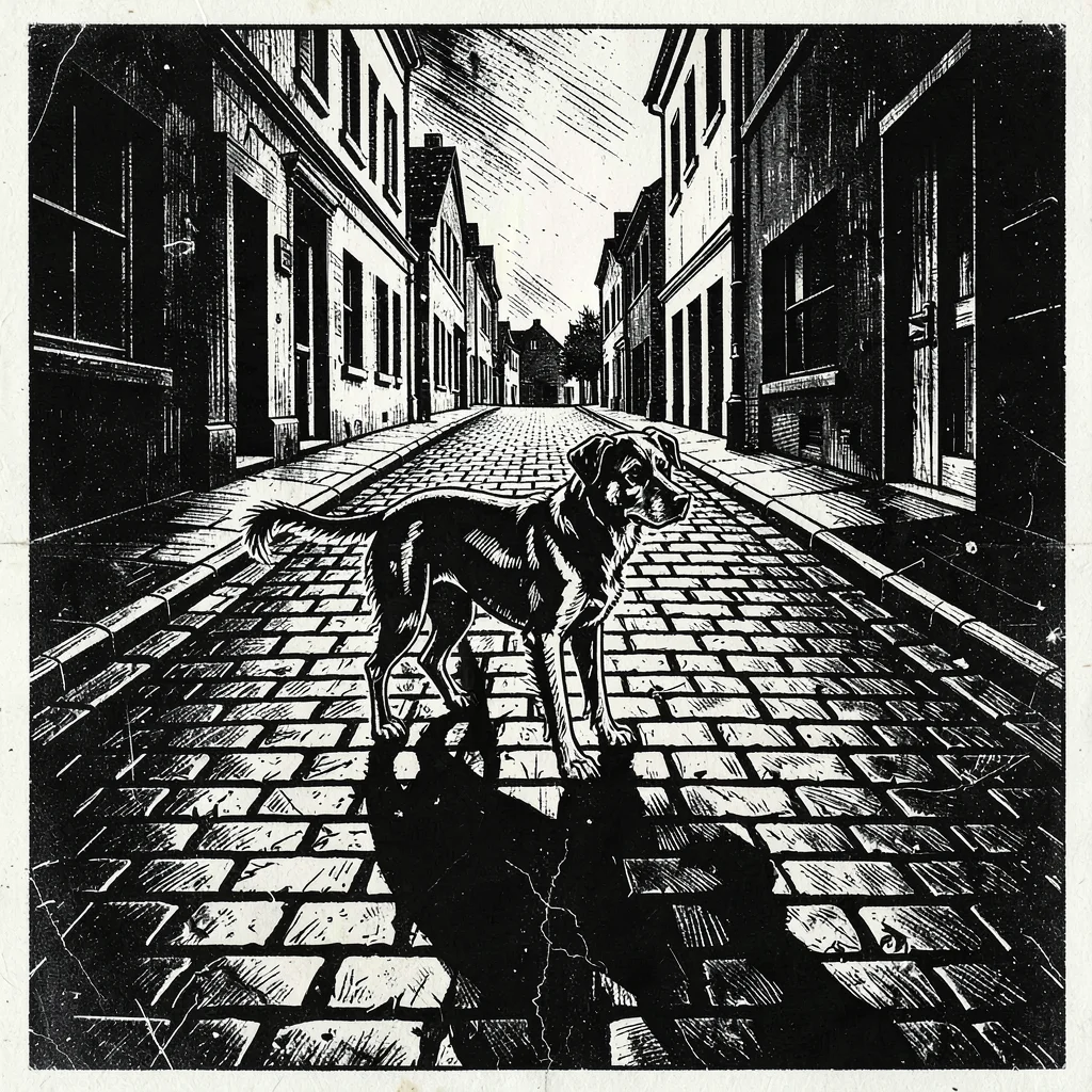 Dog alone on an empty street, angular shadow stretching across cobblestones