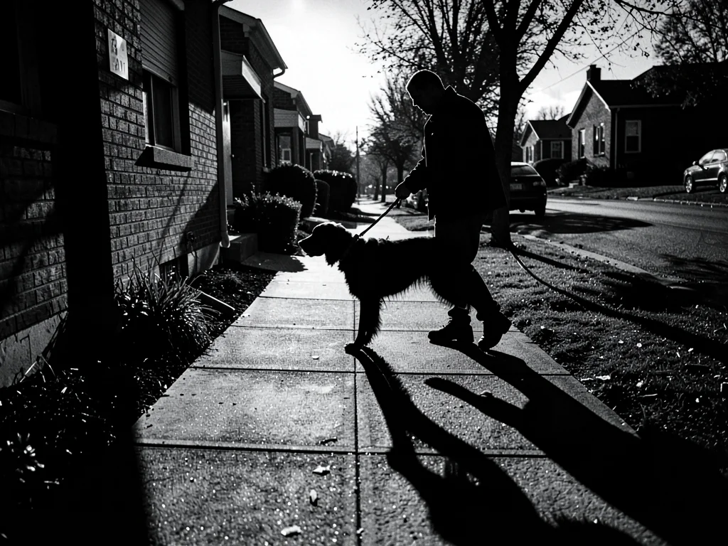 Dog walker silhouette at magic hour, long shadows on sidewalk, anonymous figure 
