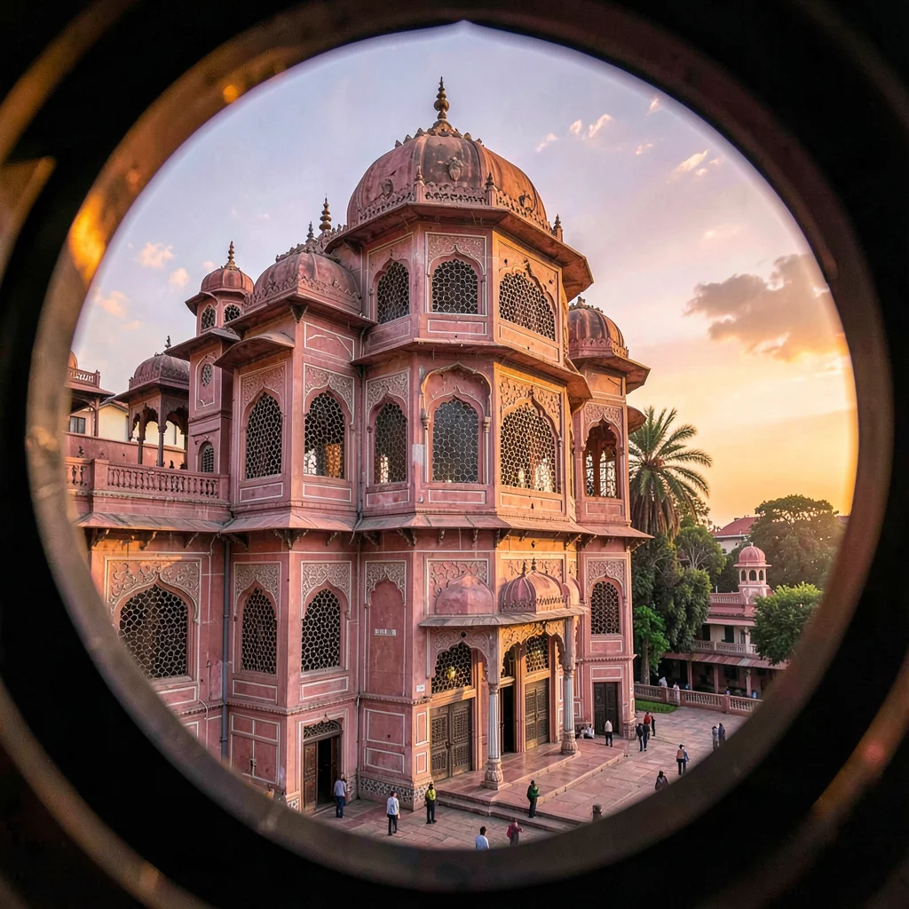 Through the Jaipur gem cutter's eye, faceted light, Hawa Mahal at sunset, the pi