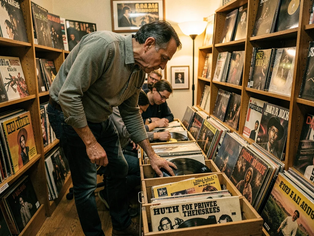 Record store crate digging, bent over bins, the public hunt for private treasure