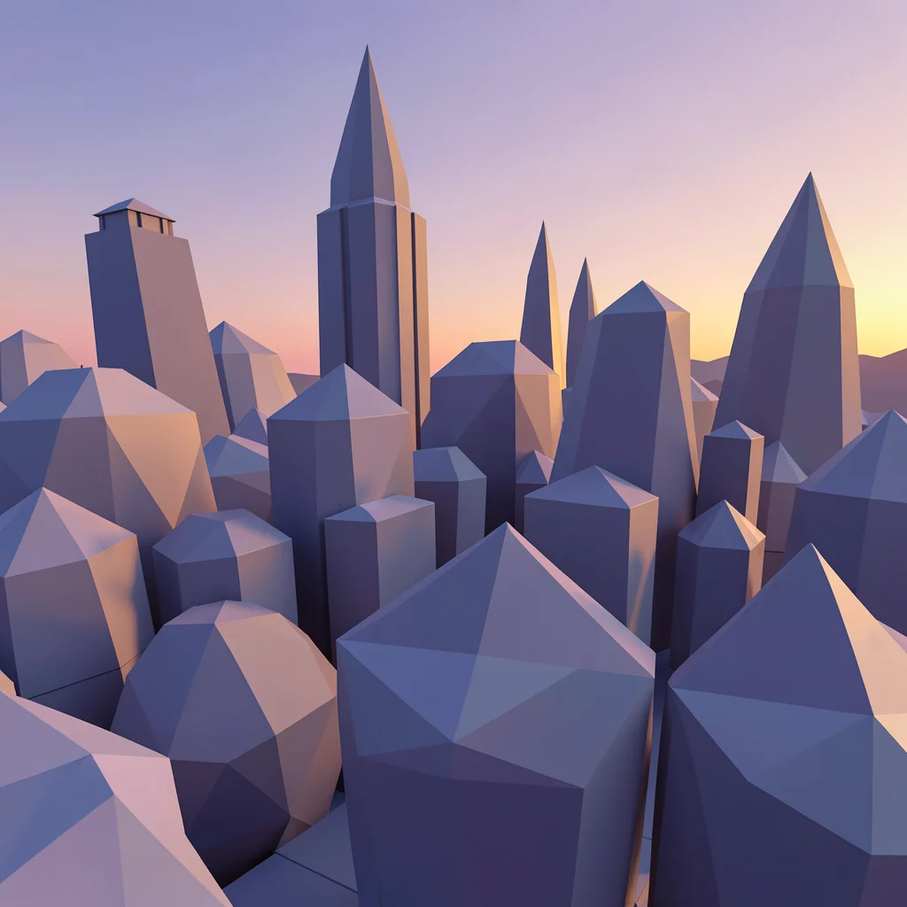 Low-poly illustration, geometric cityscape at dawn , faceted geometric surfaces,