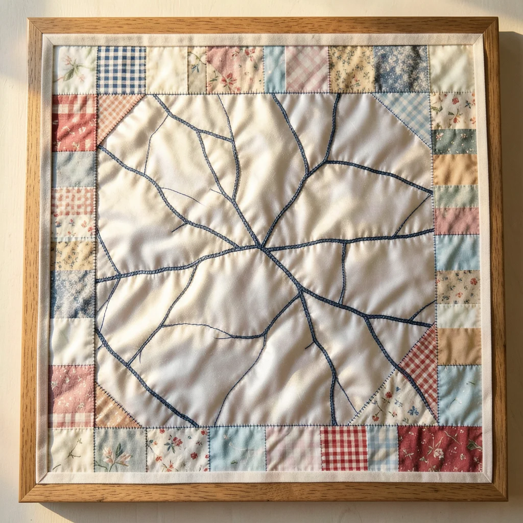 A frozen lake in white satin with dark blue cracks stitched in embroidery thread