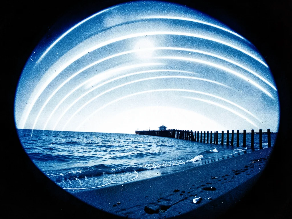 A beach groyne extending into sea, sun arcs above horizon over an equinox exposu