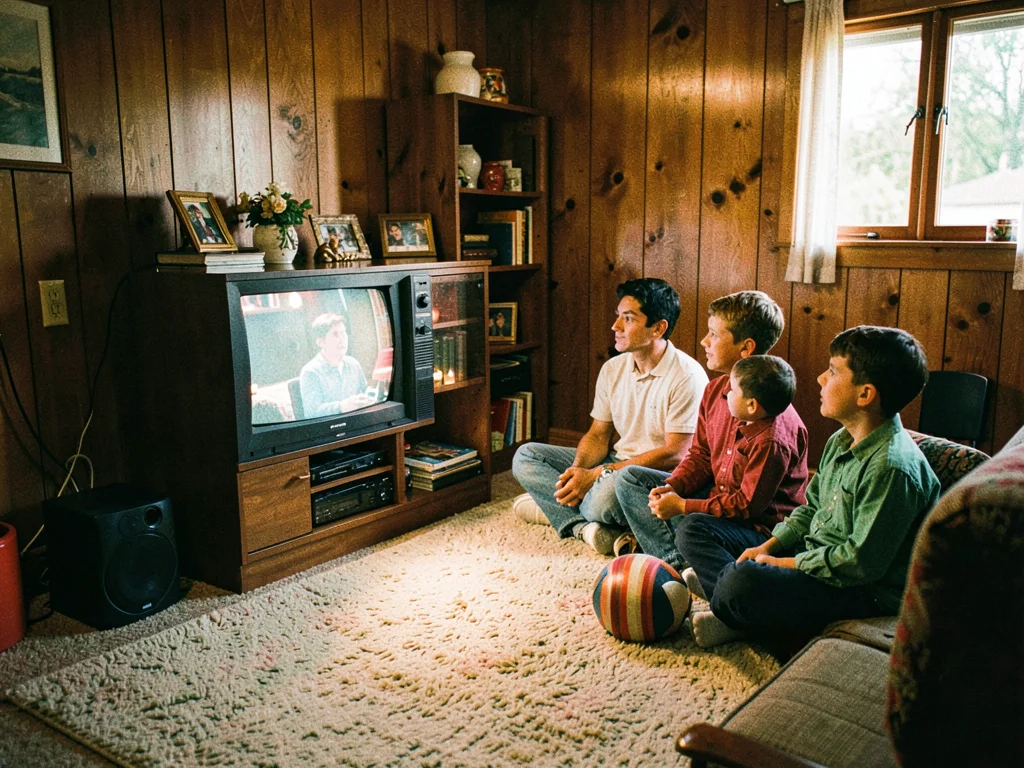 Wood-paneled den with shag carpet, family watching tube TV, Kodachrome 64 grain 