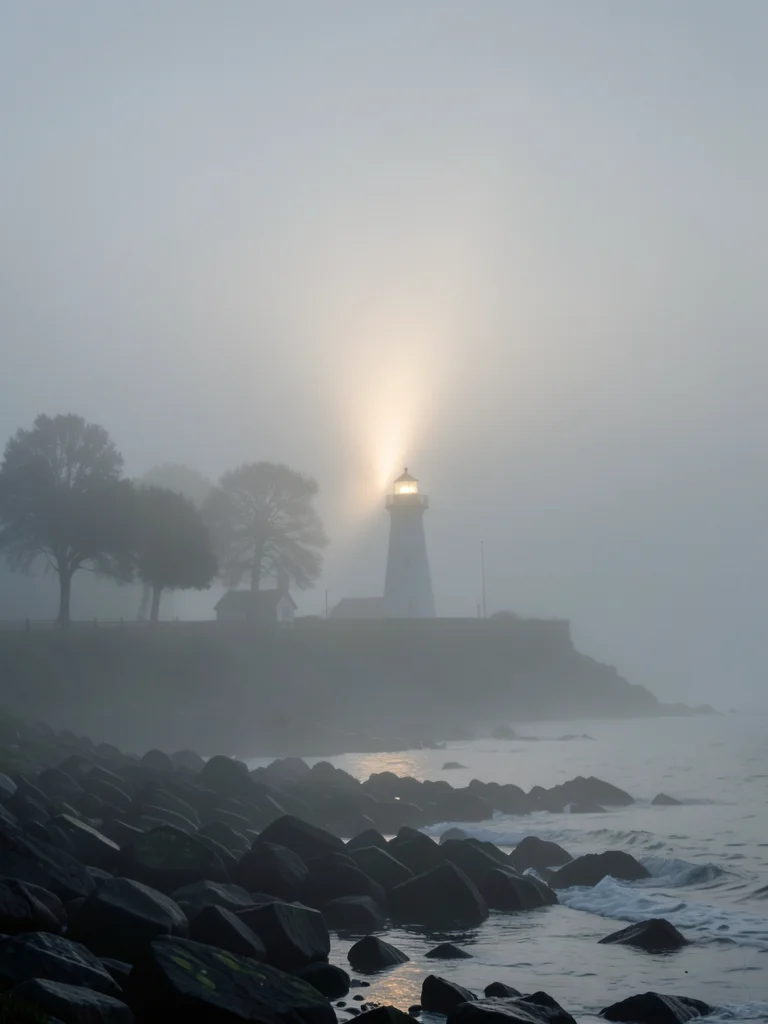 A lighthouse beam cutting through dense fog, the cone of light visible in the mi