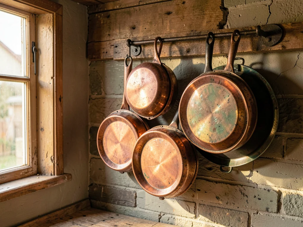 Copper Batterie Hung on Iron Rack
