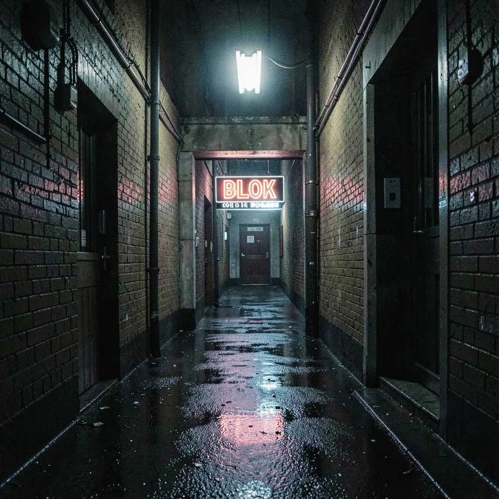 Atmospheric nocturnal frame of a doorway with a glowing club sign at the end of 