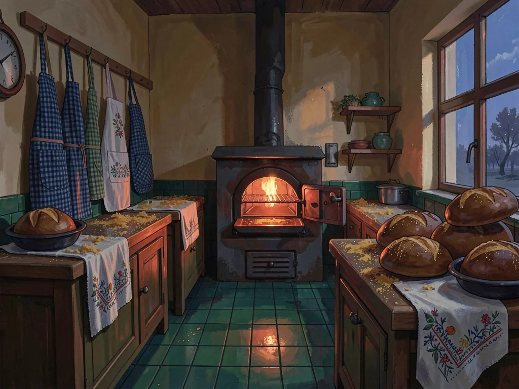 Honey-walled bakery interior at predawn with one open oven glowing garnet, ochre