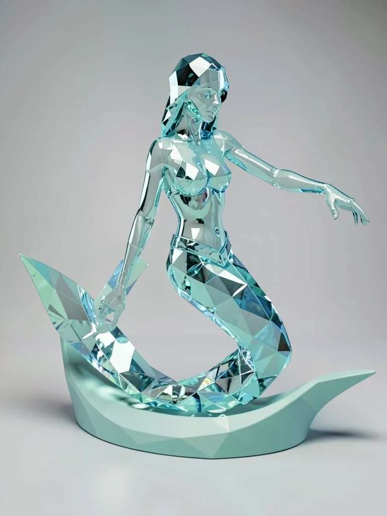 Cut aquamarine lowpoly mermaid figure with a curving faceted tail and a poised c