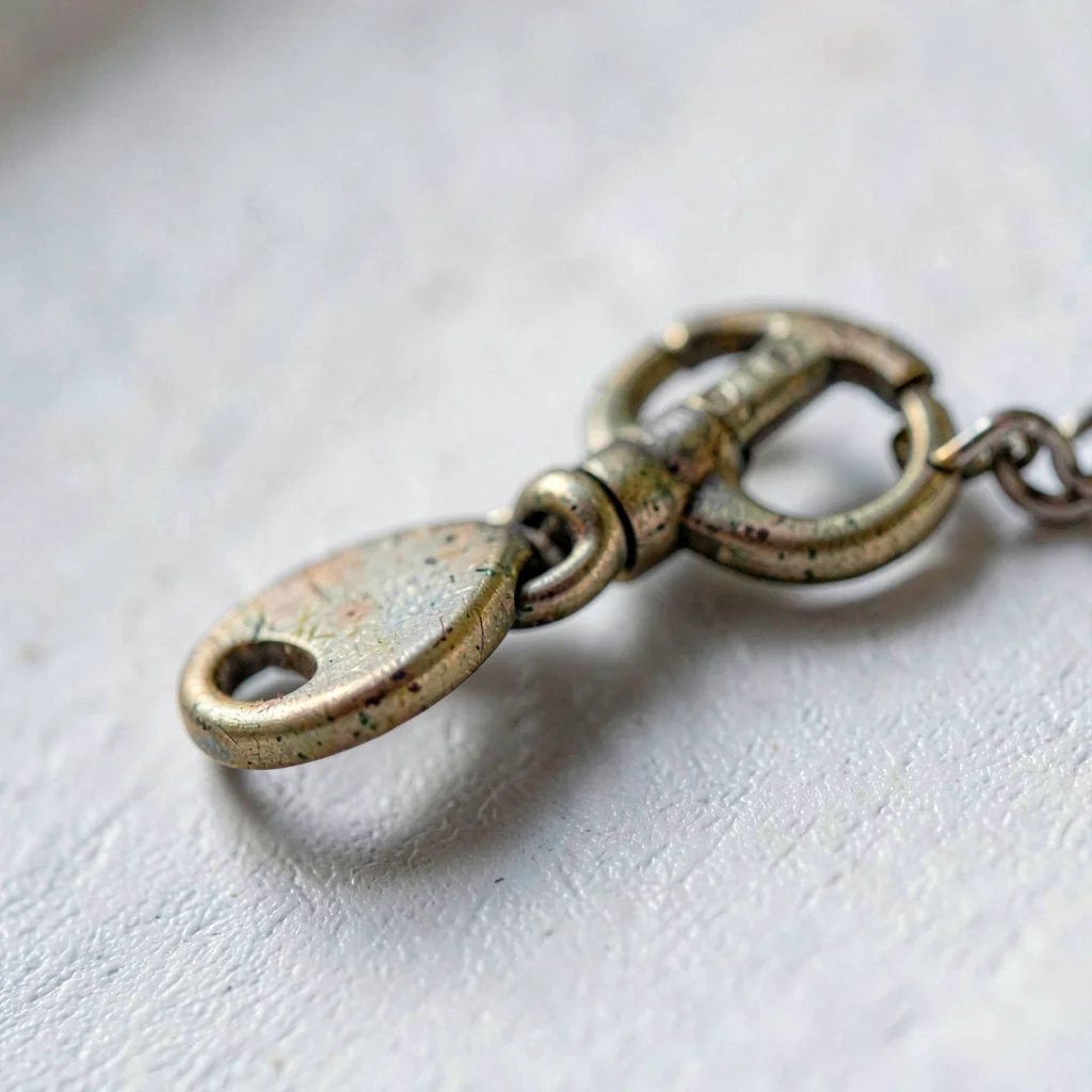 Macro of an enamel locket clasp with hairline patina